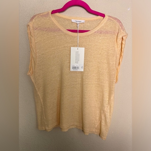 NWT Frame Washed Nude Peach Pink 100% Organic Linen Rolled Muscle T-Shirt S - Picture 2 of 9